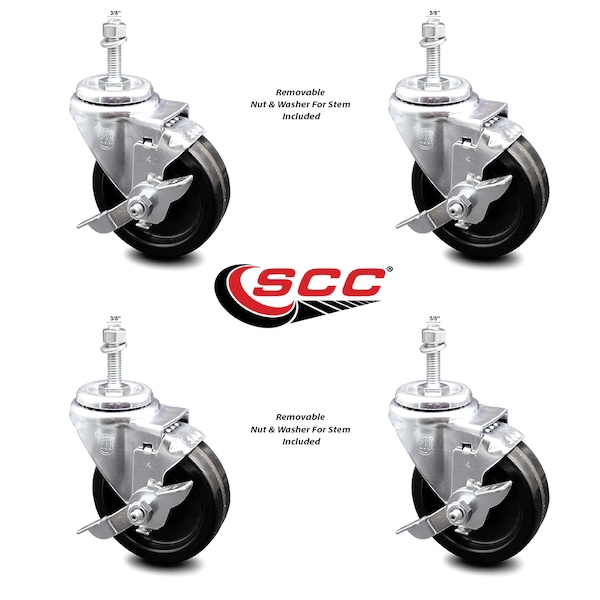 4 Inch Phenolic Wheel Swivel 3/8 Inch Threaded Stem Caster Set with Brake SCC